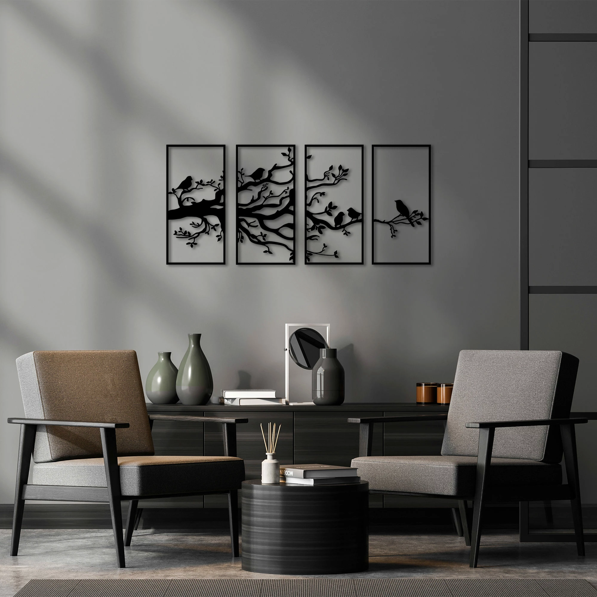 Aksesor dekorativ metalik për mur, degë peme dhe zogj, 4 pjesë, Wallity - 269