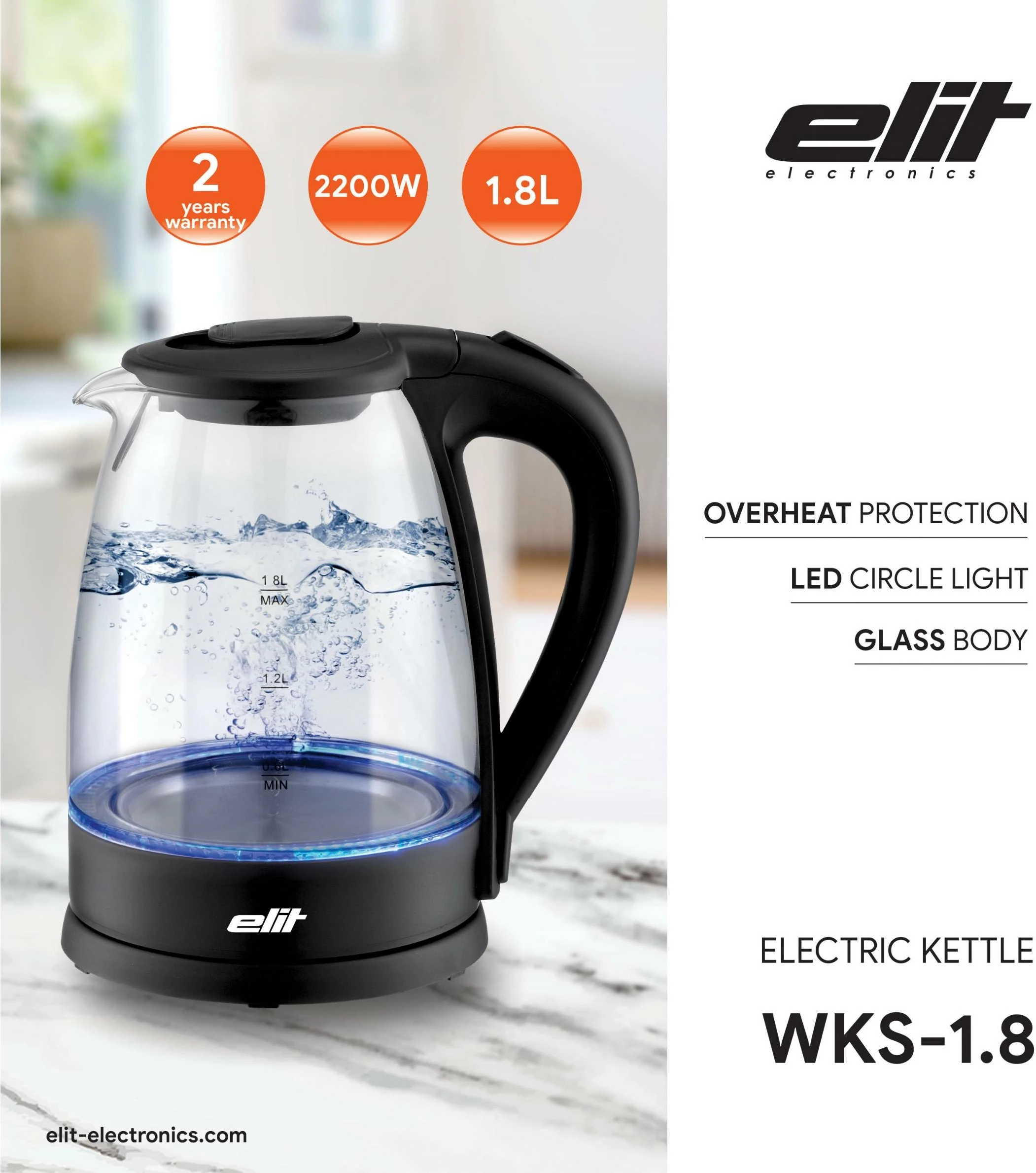 Çajnik elektrik qelqi Elit WKS-1.8 1.8L 2200W, i zi