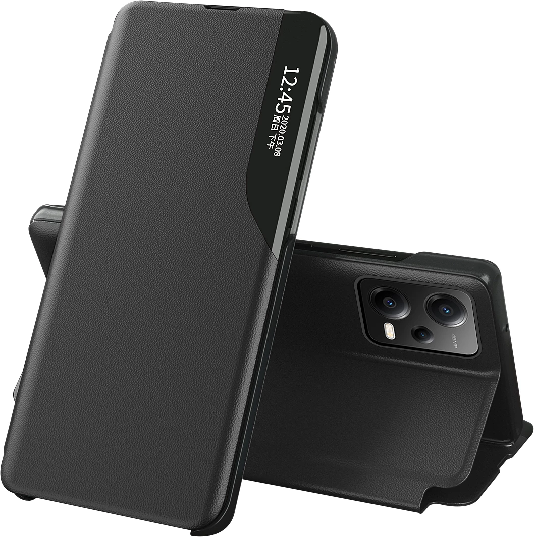 Mbështjellës Hurtel Eco Leather View Case për Xiaomi Redmi Note 12 Pro / Poco X5 Pro 5G, me qëndrim, i zi