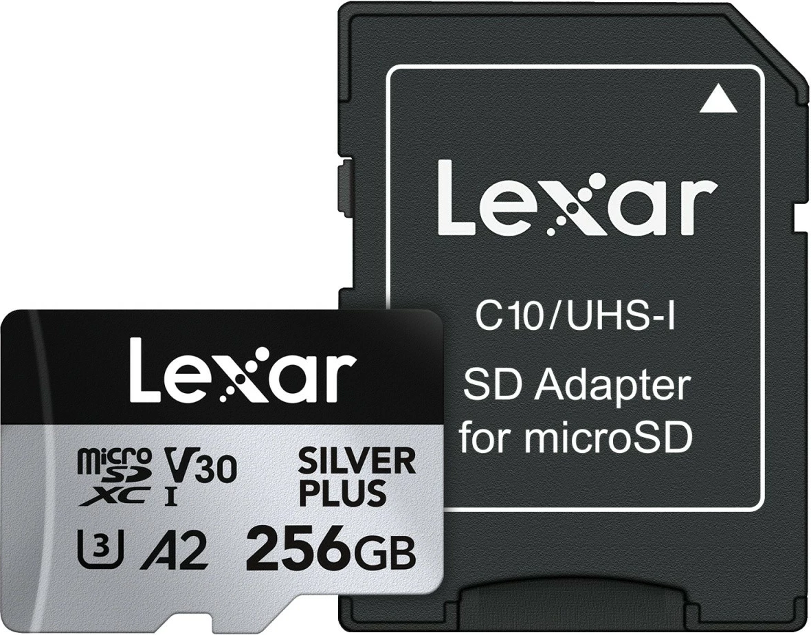 kartë microSD Lexar LMSSIPL256G-BNANG 256GB UHS-I A2 U3 V30 205/150MB/s, ngjyrë argjendtë Silver Plus, me adapter SD