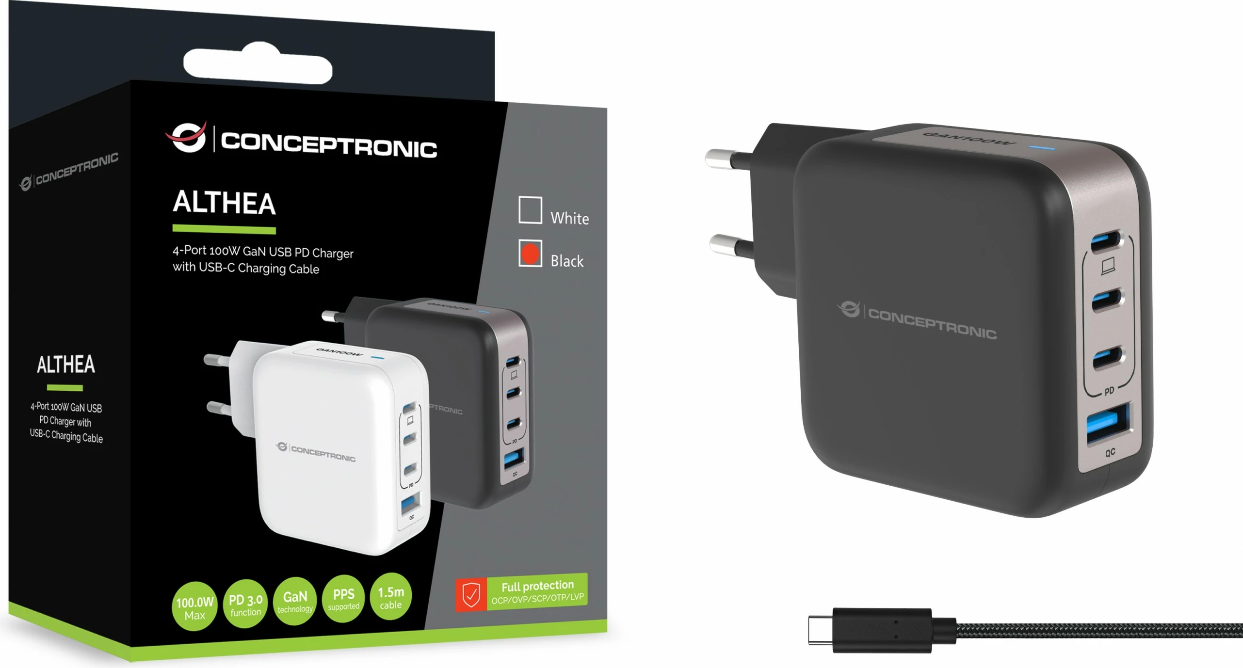 Karikues Conceptronic 4 porta GaN, 3x USB-C, 1x USB-A, 100W, i zi