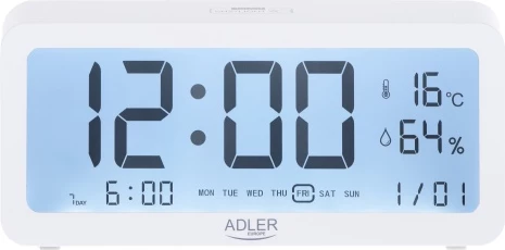 Orë alarmi, Adler, AD 1195, ekran me ndriçim, 3 alarme, shfaq kohë/datë/temperaturë/lagështi, me bateri 2xAA, bardhë