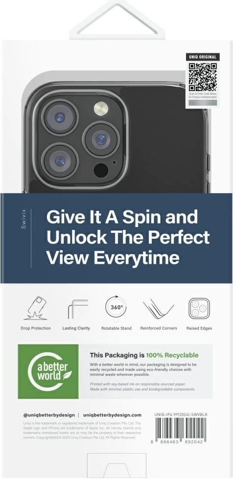 Mbështjellës UNIQ Swivix 360 Rotating Kickstand për iPhone 16 Pro Max, i zi