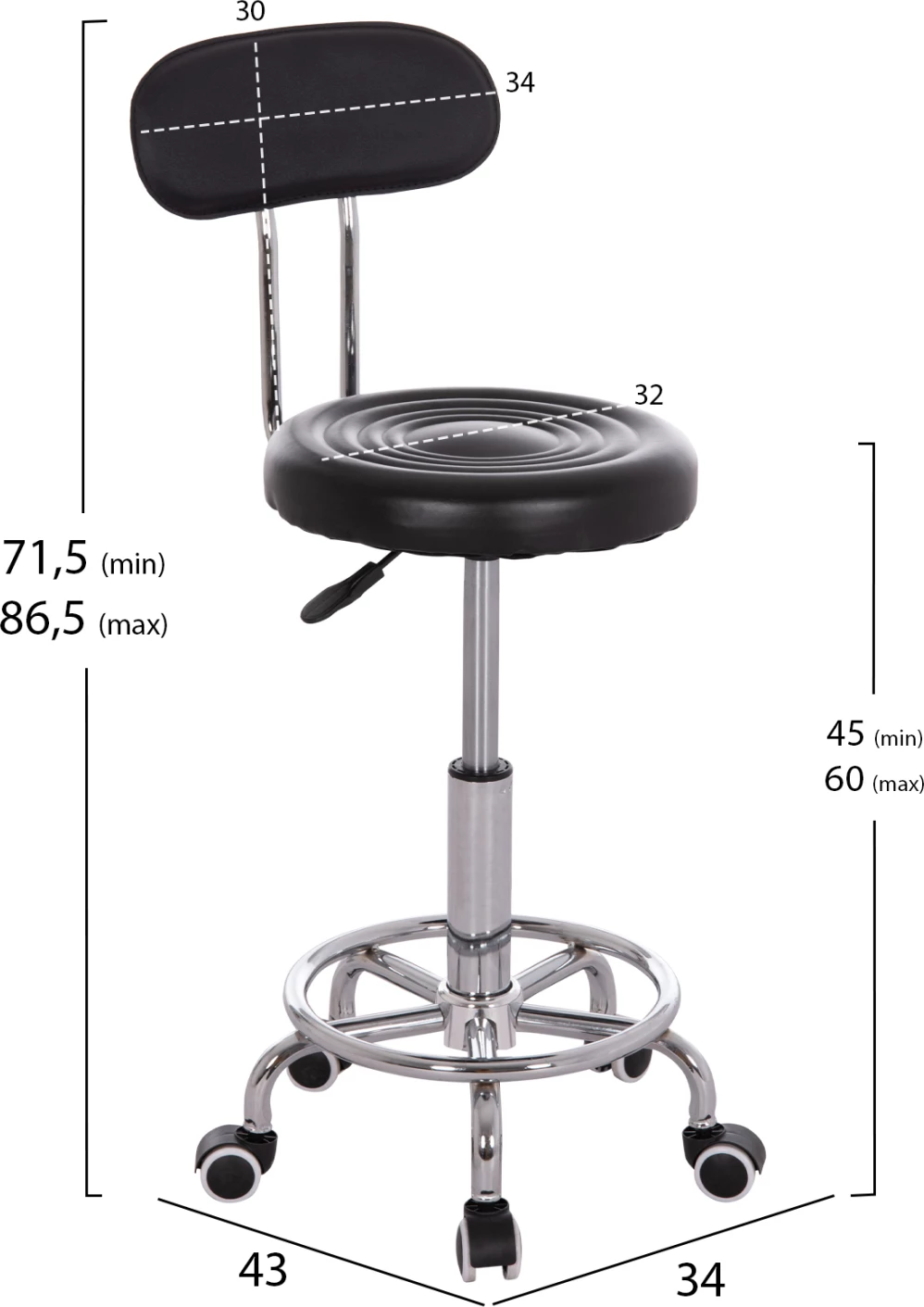 Stool rrotullues dizajneri për zyre IRIS FH211.21, lëkurë artificiale e zezë, 34x43x86.5cm, set prej 2 copash