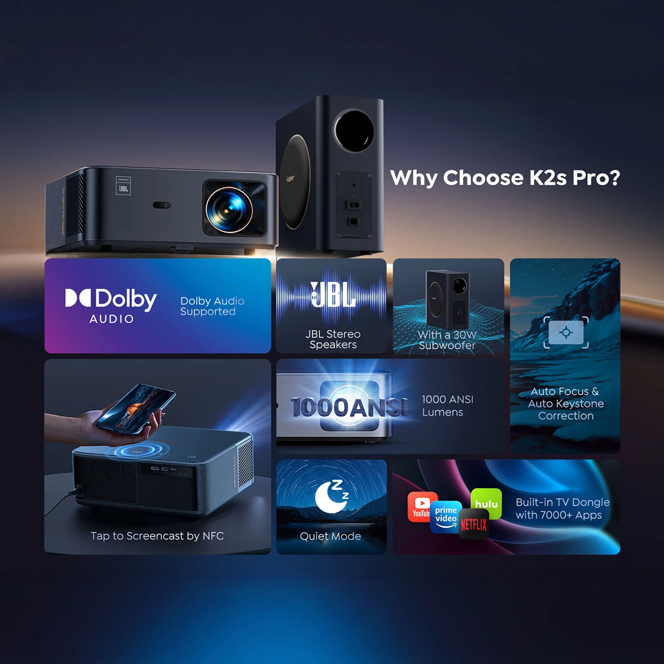 Projektor multimedia Yaber K2s Pro, FullHD 1080p, JBL Speakers & Subwoofer, Android TV, i zi