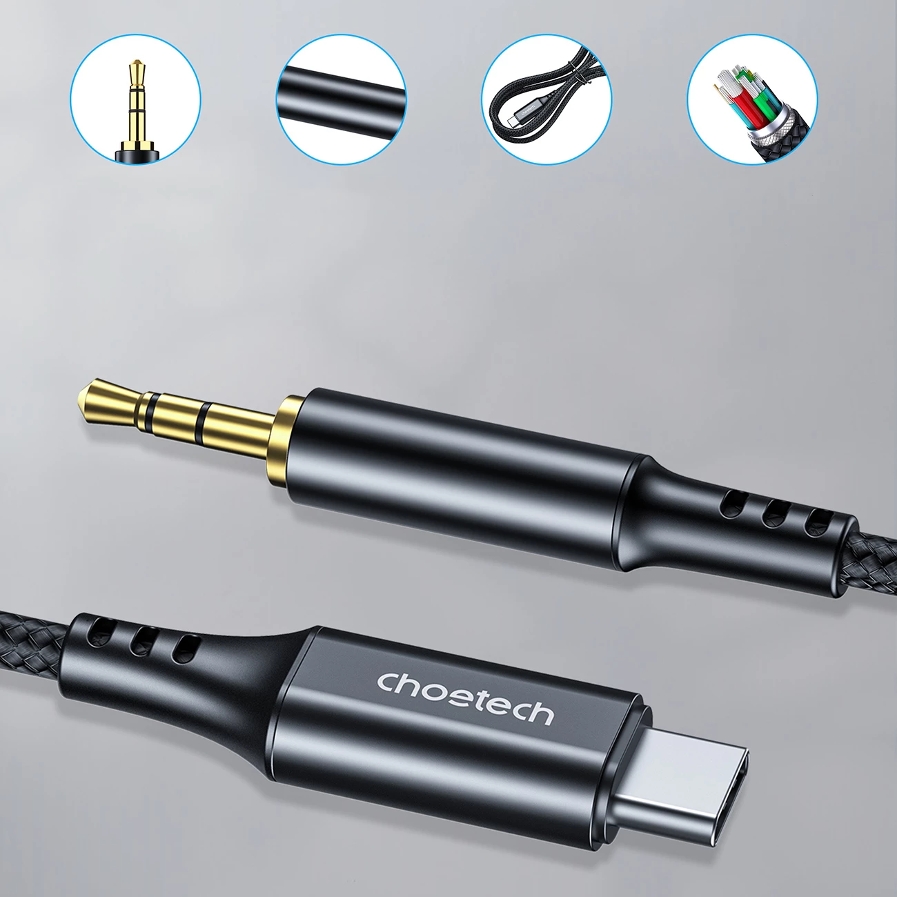 Kabllo audio Choetech AUX006, USB-C në mini jack 3.5mm, 1m, e zezë