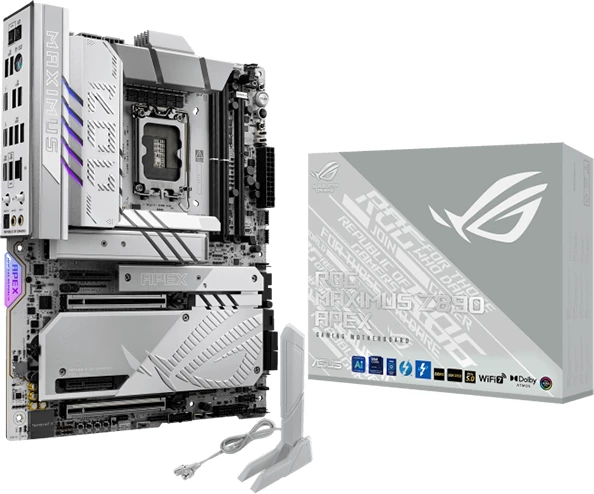 Pllakë amë ASUS ROG Maximus Z890 Apex, LGA1851, ATX, DDR5 (2xDIMM), 6xM.2, 4xSATA, PCIe 5.0, 5GbE, Wi‑Fi 7, Bluetooth 5.4, 2x Thunderbolt 4 (USB‑C), e bardhë/argjend