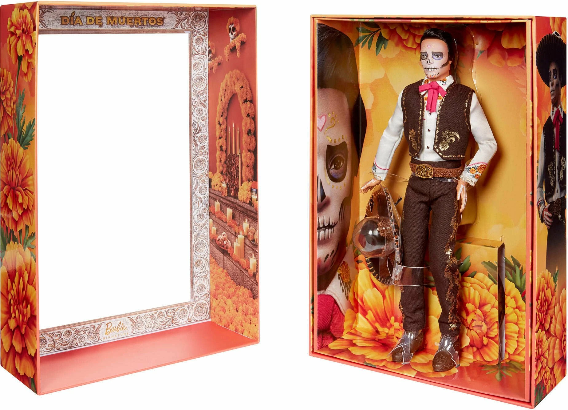 Kukull koleksionuese Ken Mattel Signature Dia De Muertos 2025 JBJ06 me aksesorë, certifikatë autenticiteti dhe stand