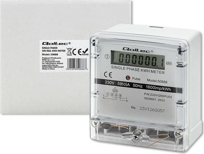 Matës energjie Qoltec 50888, njëfazësh, LCD, 230V, Gri