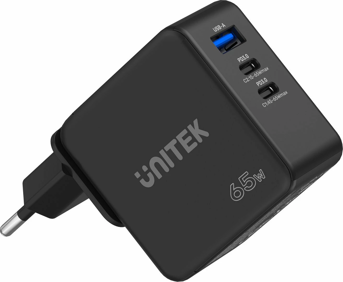 Karikues rrjeti Unitek P1117B GaN PD 65W 1x USB-A + 2x USB-C, 3.25A, i zi, set me adaptera EU/UK