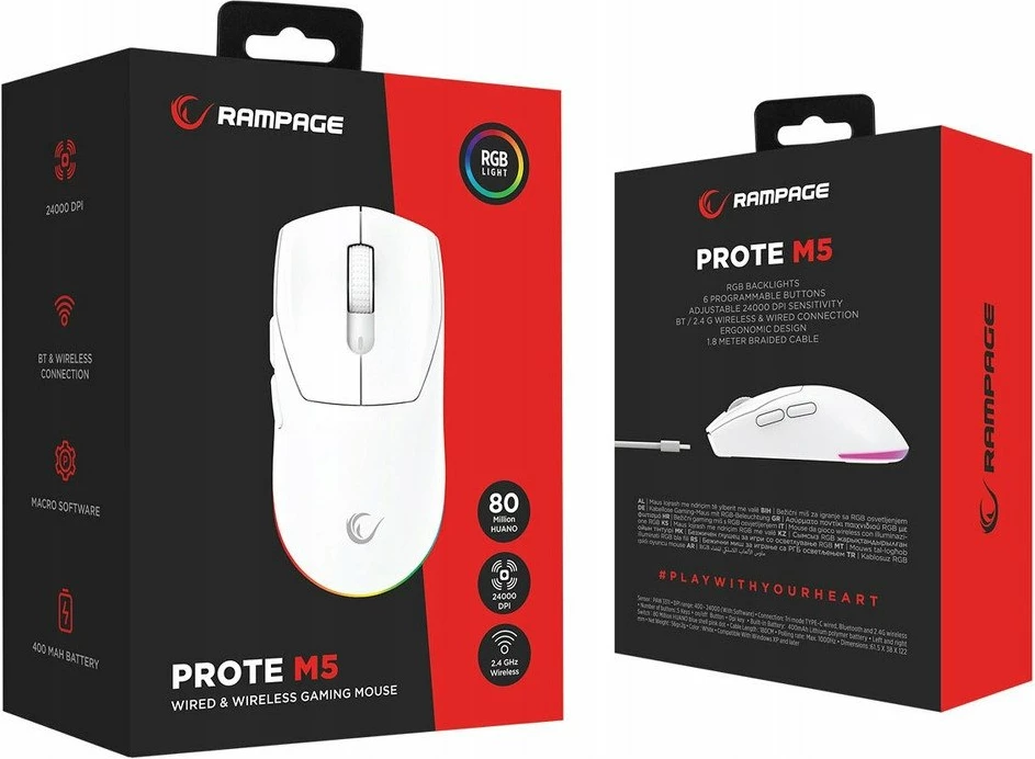 Maus Rampage Prote M5 PROTEM5-WHITE 24000 DPI wireless RGB, i bardhë, set me receiver USB dhe kabllo USB-C