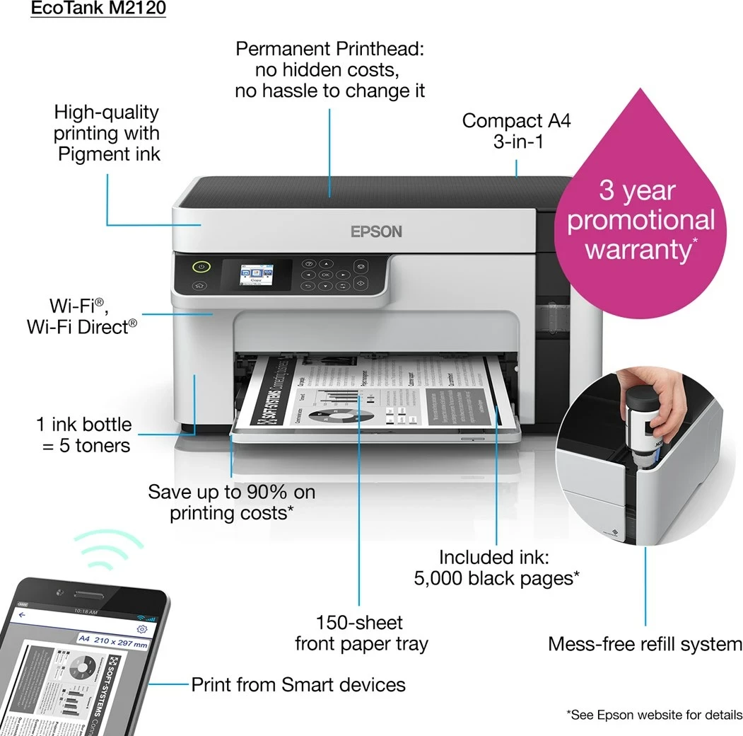 Printer Epson EcoTank M2120, Inkjet, Wi-Fi, Bardhë