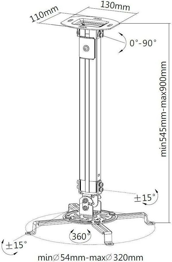 Krah tavani për projektor Techly 309661, 55-90cm, 13.5kg, Argjend
