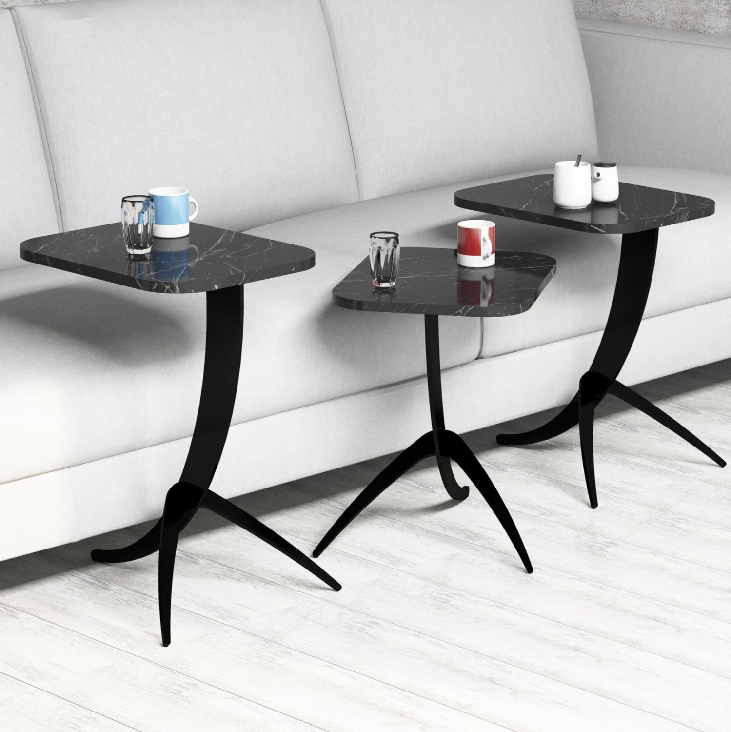 Tavolina anësore 3PCS FH9508.02 sipërfaqe melamine ngjyrë mermeri të zi, këmbë metali të zeza 35x45x60H cm