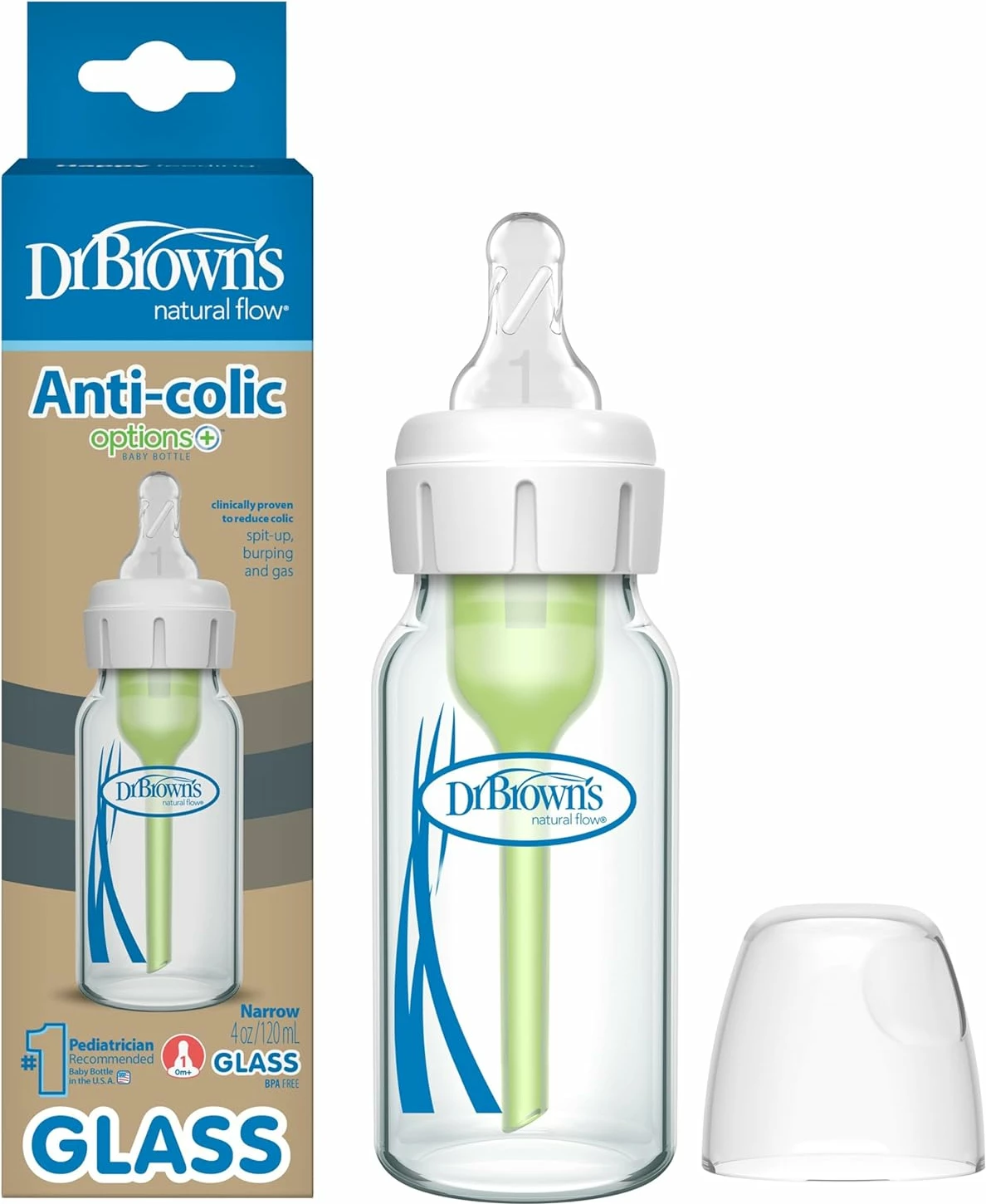 Shishe Qelqi për Foshnja Dr. Brown’s Anti-Colic, 120 ml, Thithkë Nivel 1, Pa BPA, 1 Copë