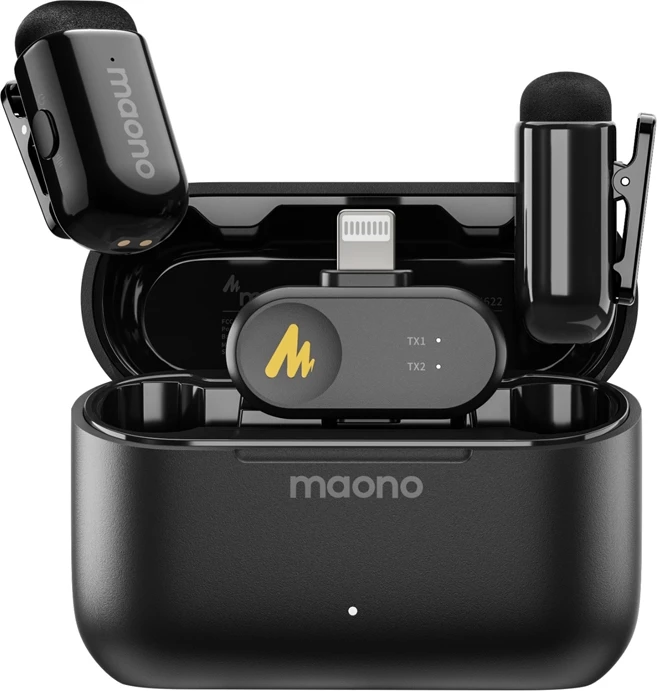 Mikrofon pa tel, Maono WM622 PB2, për iPhone/iPad (Lightning) MFi, reduktim zhurme AI 4 nivele, 48kHz/16bit, distancë 100 m, set me 2 transmetues, e zezë