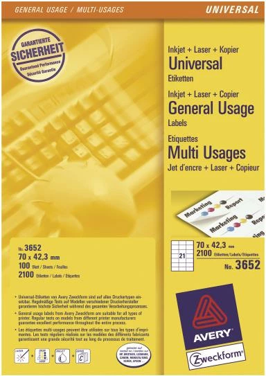 Etiketa vetëngjitëse, Avery Zweckform 3652, A4, 70 x 42.3 mm, 100 fletë / 2100 etiketa, e bardhë