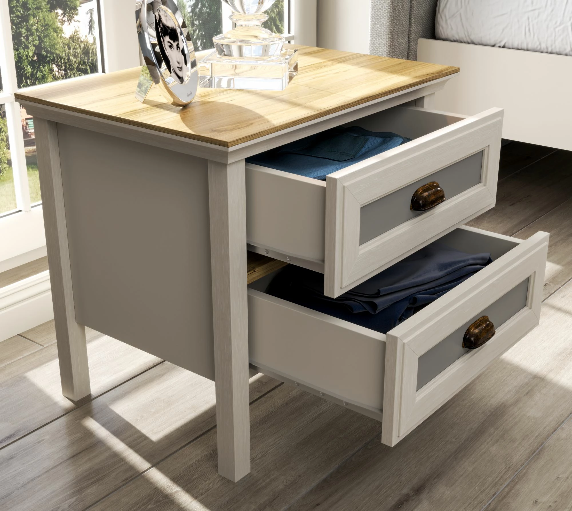 Komodinë anës krevati Skye Decor, krem, lis, gri, FRN-21016