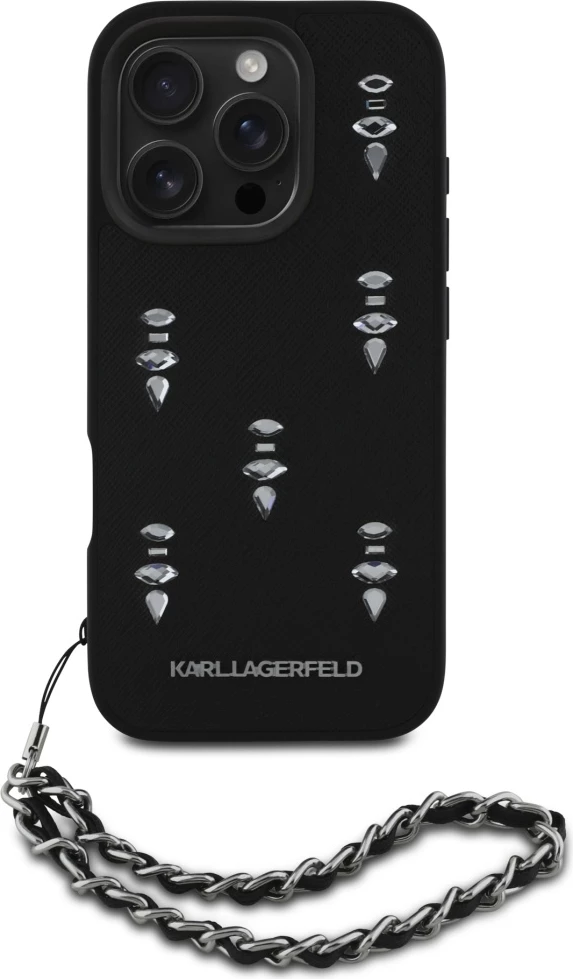 Mbështjellës Karl Lagerfeld Saffiano Crystals me zinxhir, për iPhone 16 Pro, i zi