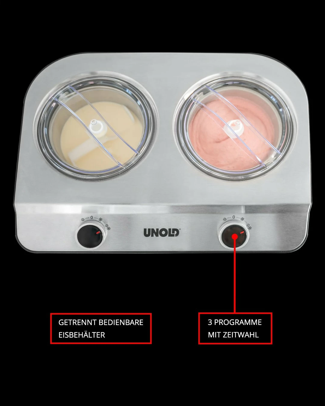 Aparat akullore UNOLD Doppio, 2.4L, 2 tasa, kompresor, inox, e zezë