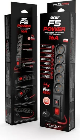 Prizë me shumë dalje Acar F5 Power, 1.5m, 5x230V, 16A, e zezë