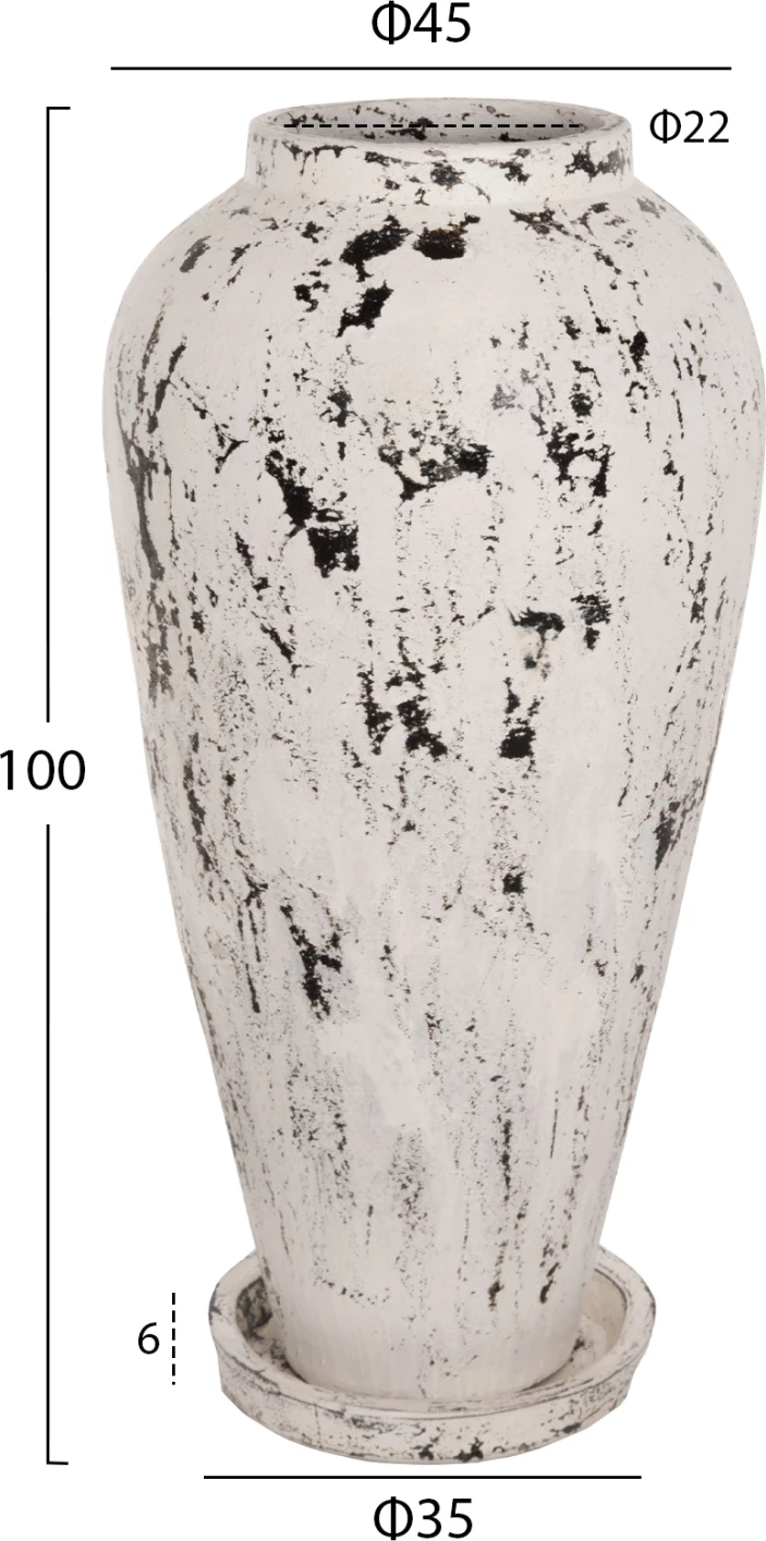 Vazo dekorative për dysheme me bazë pjate LAUREL FH7937 terrakota në patinë të bardhë Φ45x100Hcm