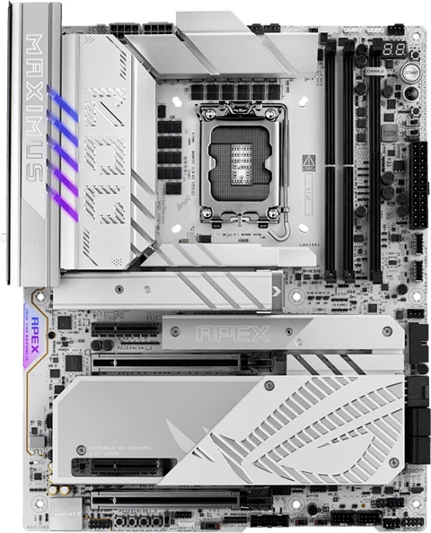 Pllakë amë ASUS ROG Maximus Z890 Apex, LGA1851, ATX, DDR5 (2xDIMM), 6xM.2, 4xSATA, PCIe 5.0, 5GbE, Wi‑Fi 7, Bluetooth 5.4, 2x Thunderbolt 4 (USB‑C), e bardhë/argjend