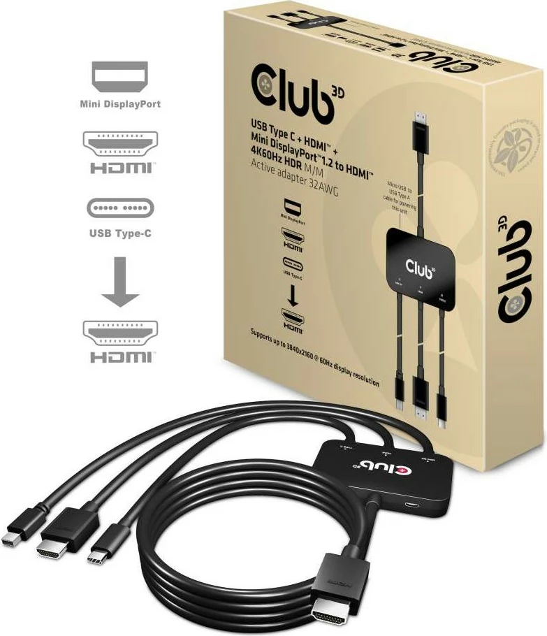 Adapter Club 3D USB-C + HDMI + Mini DisplayPort 1.2 në HDMI 4K60Hz, i zi