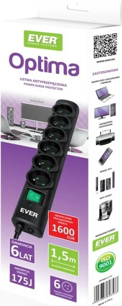 Prizë mbrojtëse EVER Optima T/LZ08-OPT015/0000, 1.5m, 6 dalje, e zezë