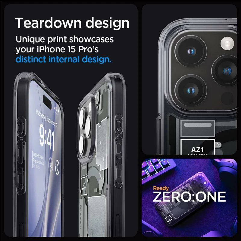 Mbështjellës Spigen Ultra Hybrid Mag për iPhone 15 Pro, MagSafe, Zero One, Transparent/Gri