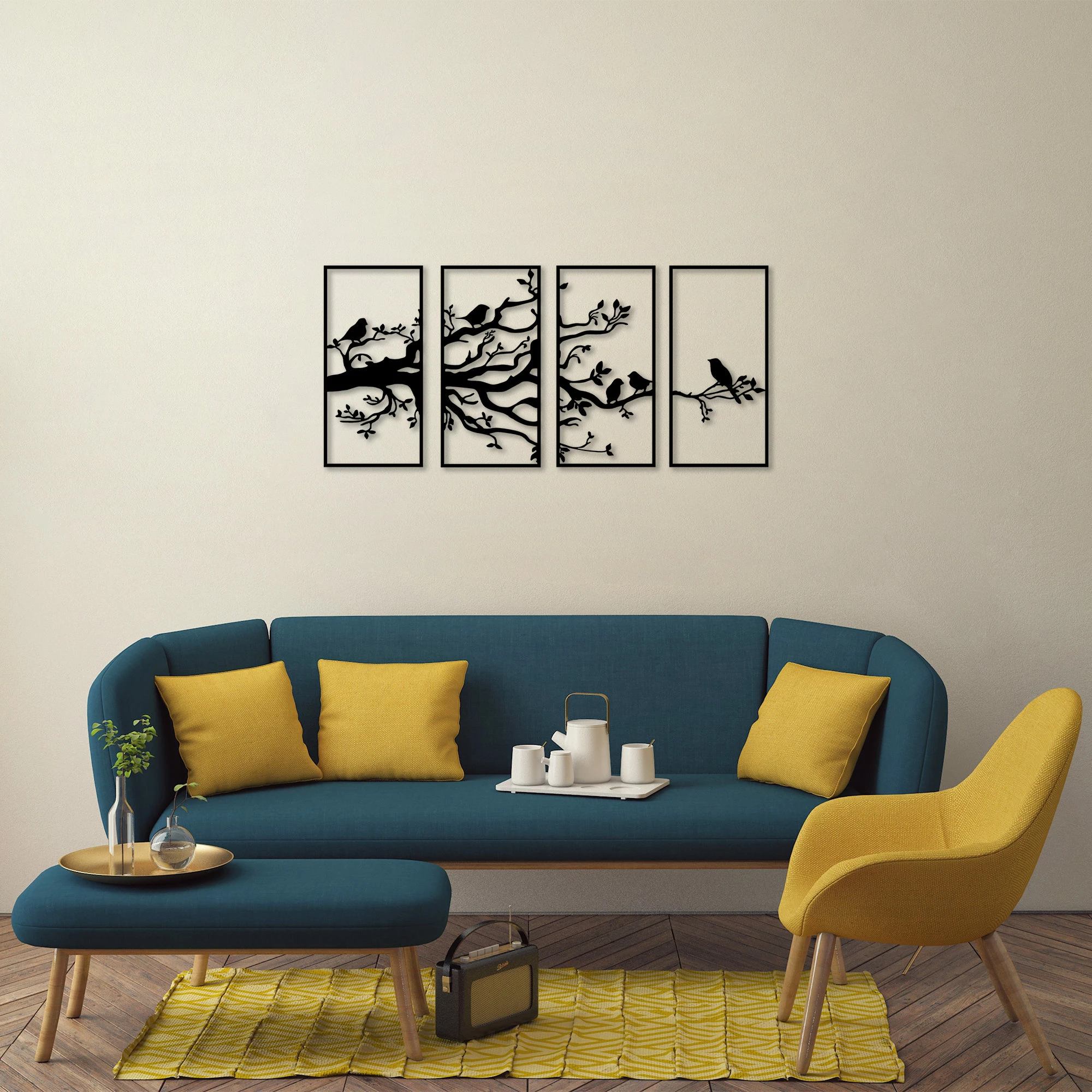 Aksesor dekorativ metalik për mur, degë peme dhe zogj, 4 pjesë, Wallity - 269