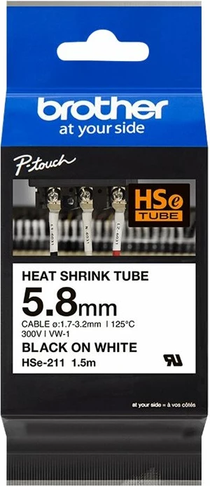 Kasetë labelimi Brother HSe-211, 5.8mm, Black on White, për kabllo, 1.5m