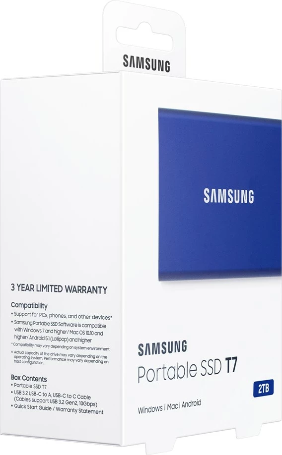 SSD i jashtëm Samsung T7, 2 TB, USB Type-C 3.2 Gen 2, Blu
