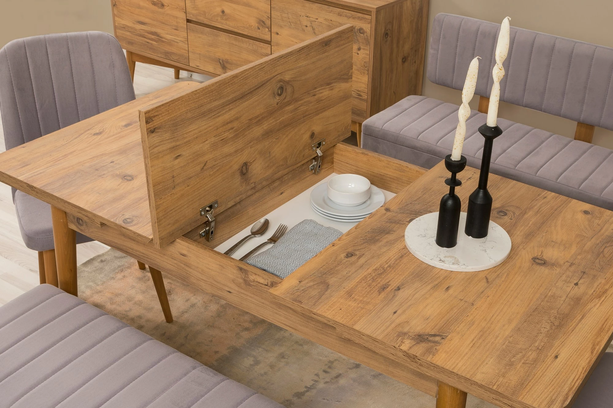 Set tavoline me karrige, konsolë dhe stol, ngjyrë Atlantic Pine, gri, 6 pjesë, Skye Decor, Vina Bench 04 0701