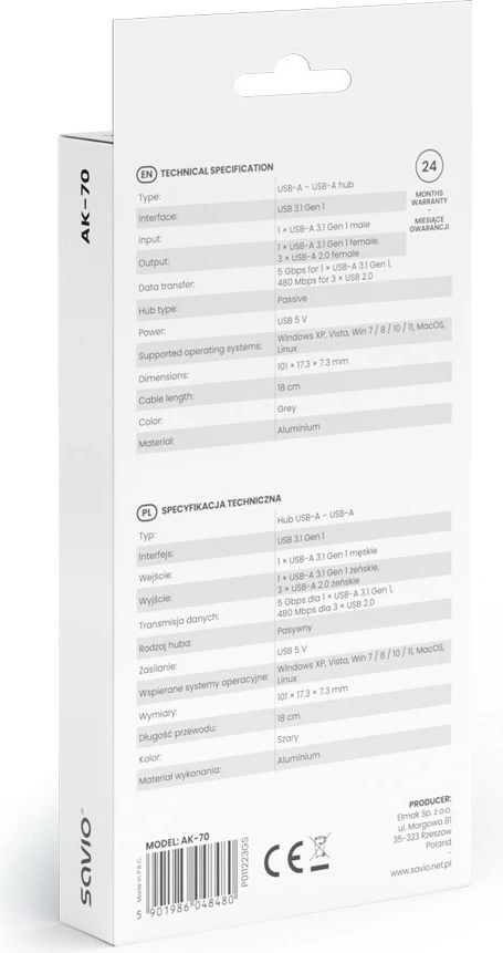Hub USB-A 4 porta Savio AK-70, 3x USB-A 2.0, 1x USB-A 3.1 Gen 1, 5 Gbps, Alumini, Gri