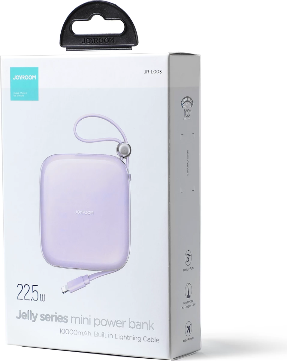 Bateri e jashtme Joyroom JR-L003 10000mAh 22.5W me kabllo Lightning të integruar 3 porta vjollcë