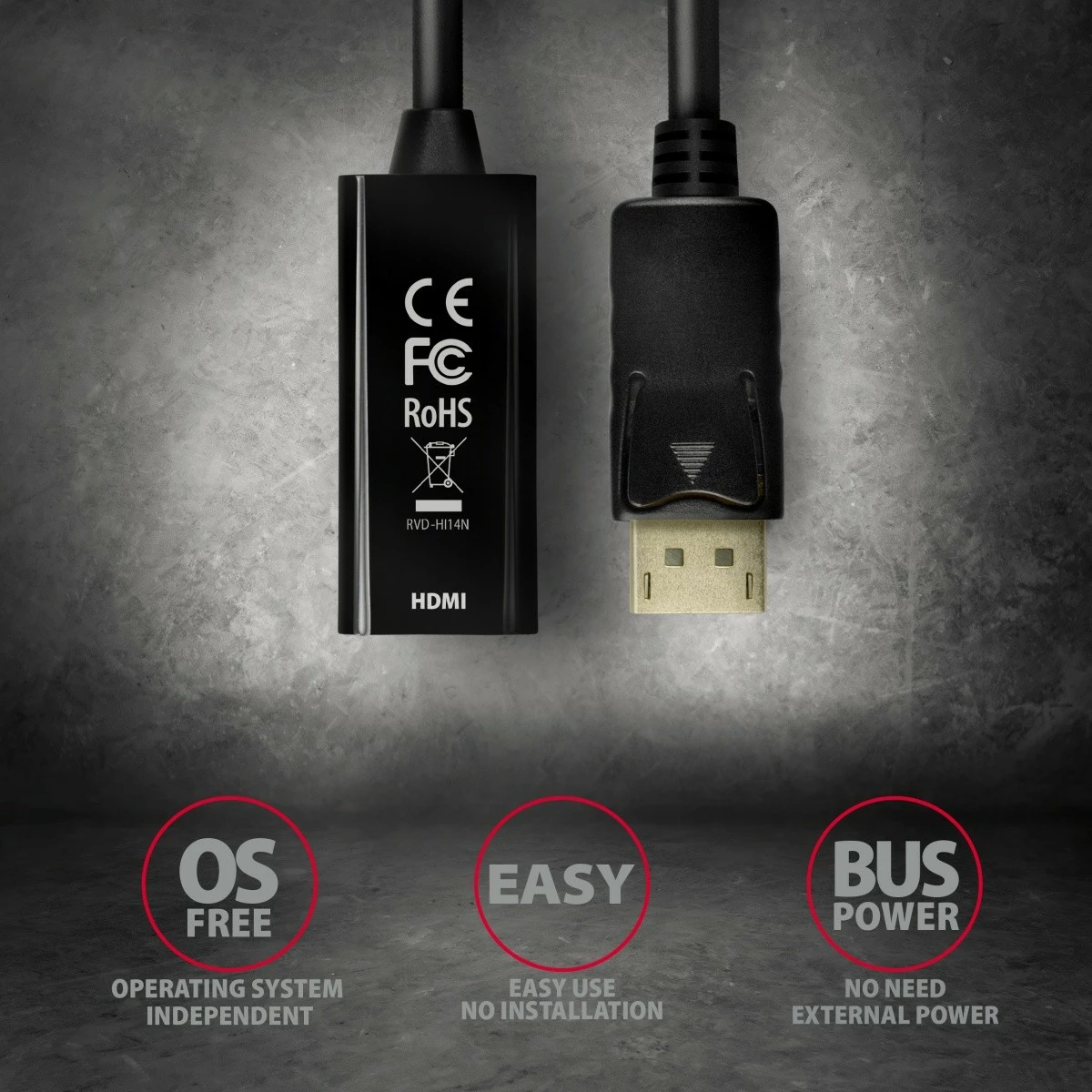 Adapter aktiv AXAGON RVD-HI14N DisplayPort në HDMI, 4K/30Hz, 18cm, zi