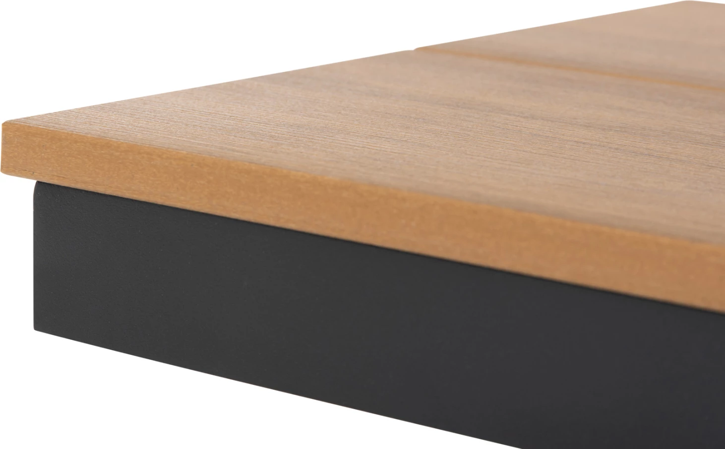 Stol alumini për jashtë, ngjyrë antracit, FH6038.01, me sipërfaqe tavoline polivudi, ngjyrë druri natyral, 150x36x45H cm