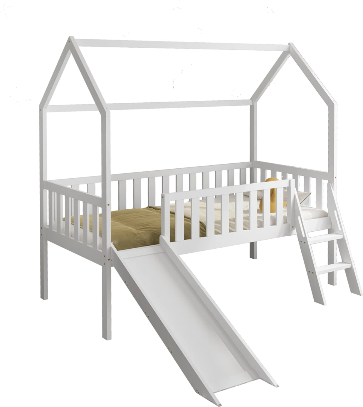 Krevat për fëmijë Montessori me rrëshqitëse, dru pishe, i bardhë, FH701.03, për dyshek 190x90cm