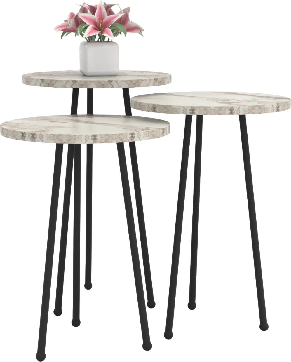 Set tavolina anësore të rrumbullakëta, ngjyrë mermeri të bardhë, këmbë metali të zeza, KISSA FH18174.01