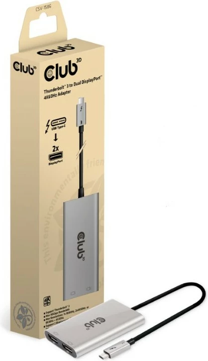 Adapter Thunderbolt 3 Club3D 2x DisplayPort 1.2 4K, argjendtë