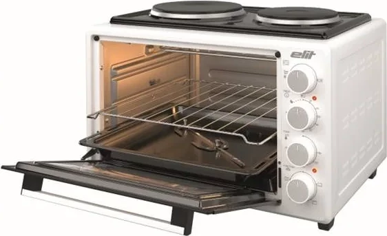 Mini furrë me dy plita, Elit OPTIDUO 35WH, 35 L, 1400 W, me shkop rrotullues dhe dritë, e bardhë