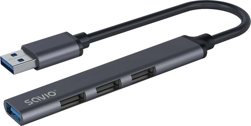 Hub USB-A 4 porta Savio AK-70, 3x USB-A 2.0, 1x USB-A 3.1 Gen 1, 5 Gbps, Alumini, Gri