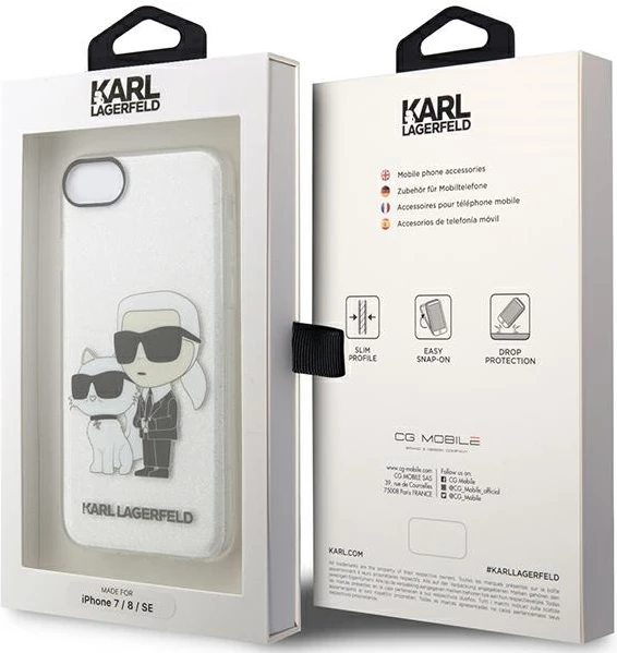 Mbështjellës Karl Lagerfeld KLHCI8HNKCTGT për iPhone 7/8/SE 2020/SE 2022, transparent, Gliter Karl&Choupette