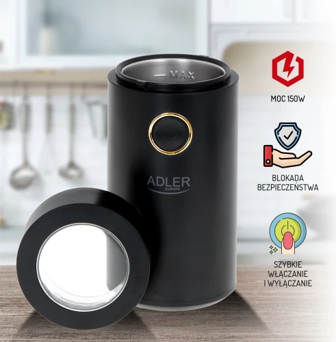 Bluarëse kafeje elektrike, Adler AD 4446, 150 W, 75 g, enë metalike, kapak transparent, e zezë me të artë