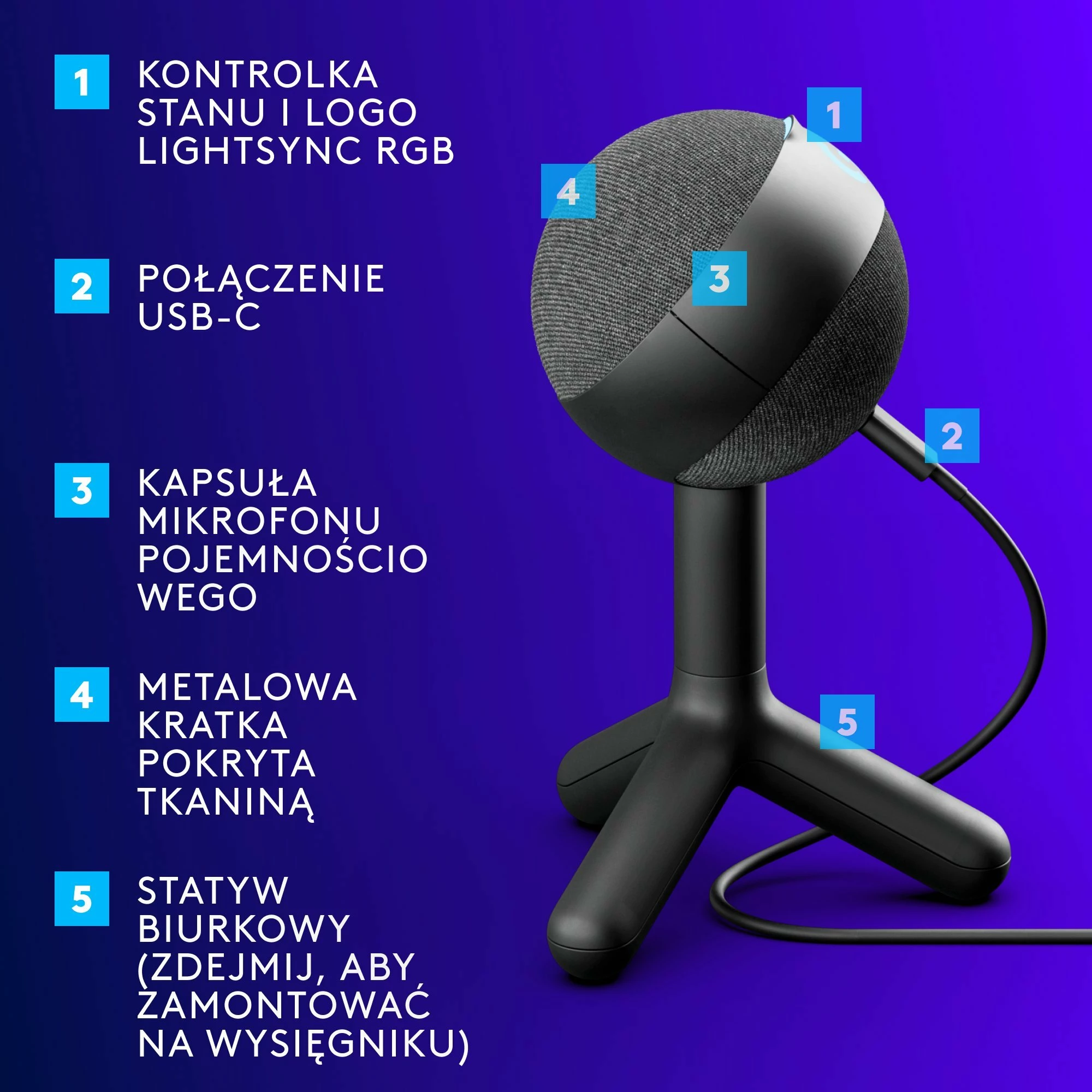 Mikrofon Logitech G Yeti Orb 988-000551, USB-C, kardioid, RGB LIGHTSYNC, i zi
