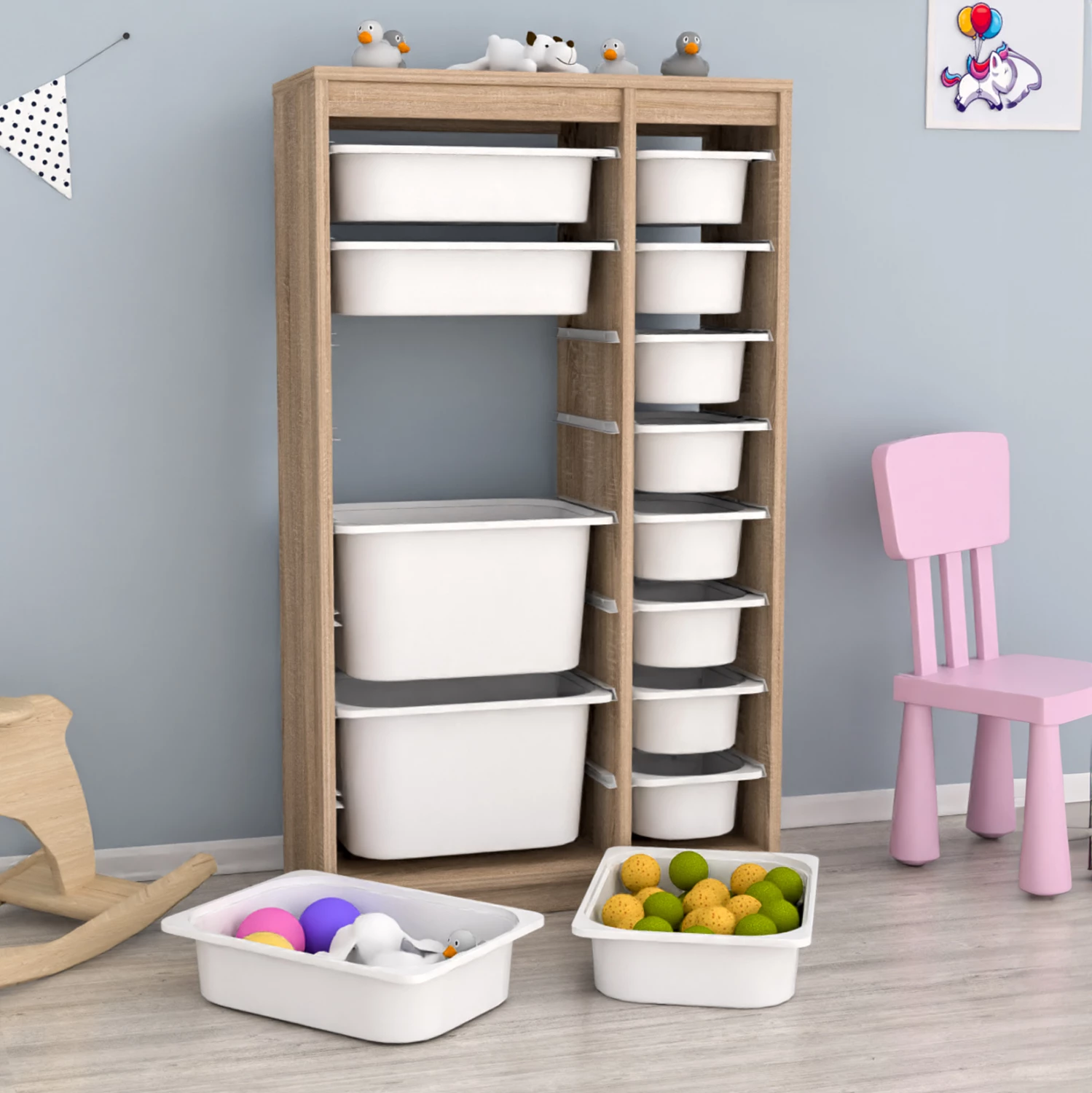 Komodinë me sirtarë SANI FH18202.03 melaminë, ngjyrë sonama, 14 sirtarë plastikë të bardhë, 69x29.6x112.2 cm