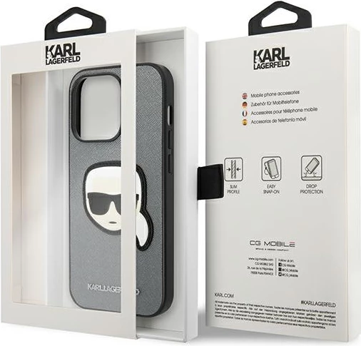 Mbështjellës Karl Lagerfeld KLHCP14LSAPKHG për iPhone 14 Pro 6.1", Saffiano Karl's Head Patch, argjendtë