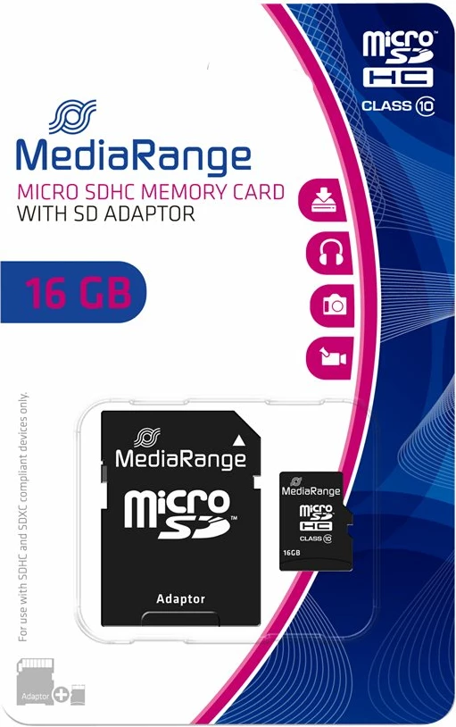 Kartë memorie MediaRange MR958, microSDHC, 16GB, Class 10, me adaptor, e zezë