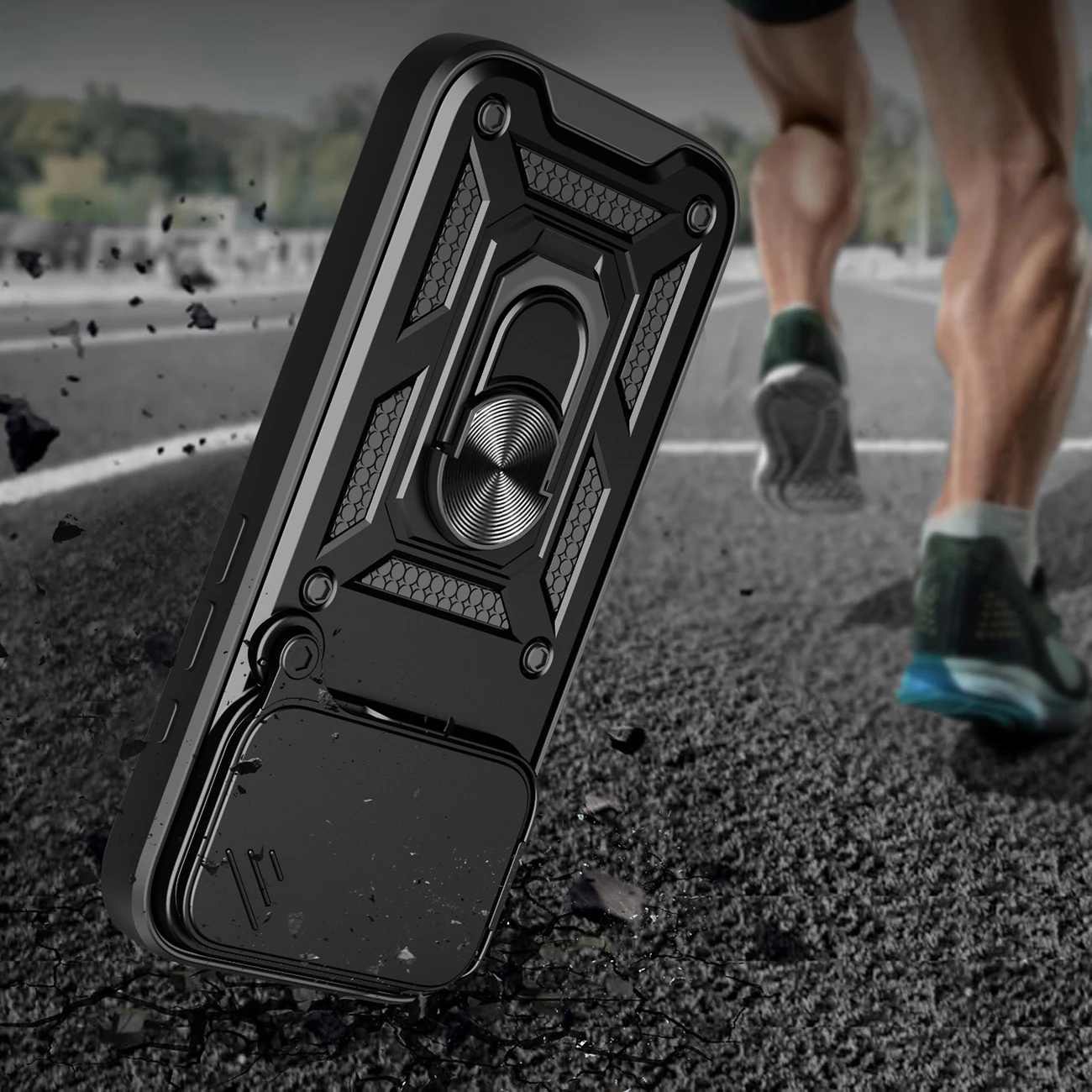Mbështjellës Hurtel Hybrid Armor Camshield për iPhone 17 Pro Max, me mbajtëse dhe mbulesë kamere, i zi